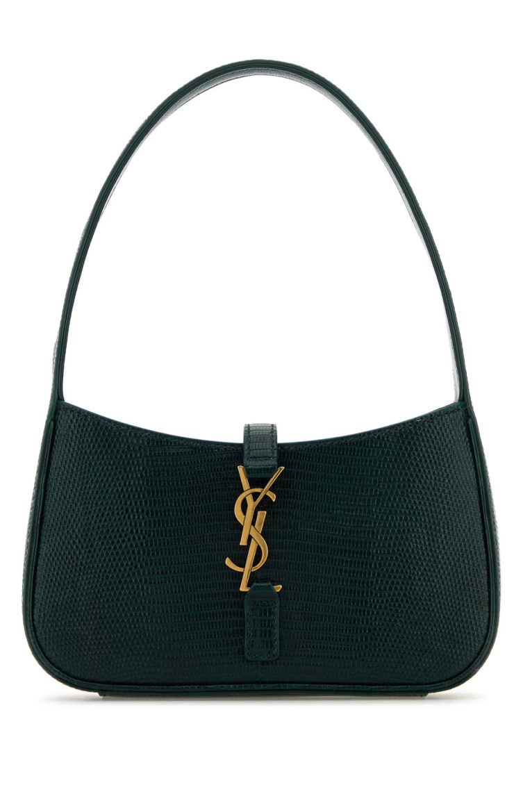 Saint Laurent Mini Structured Reptile Embossed Top Handle Handbag In Dark Green
