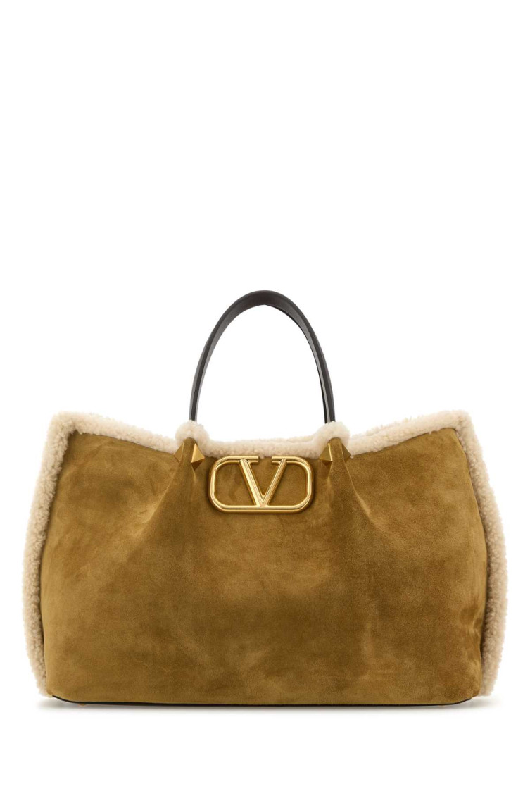Valentino Garavani Mustard Suede Vlogo Signature Shopping Bag In Gold