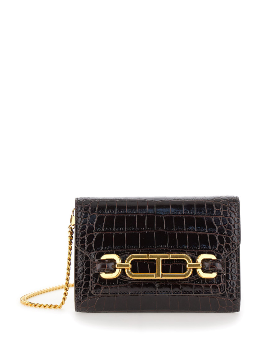 Tom Ford Mini Brown Crossbody Bag With T Logo Detail In Croco Printed Leather Woman In Dark Brown