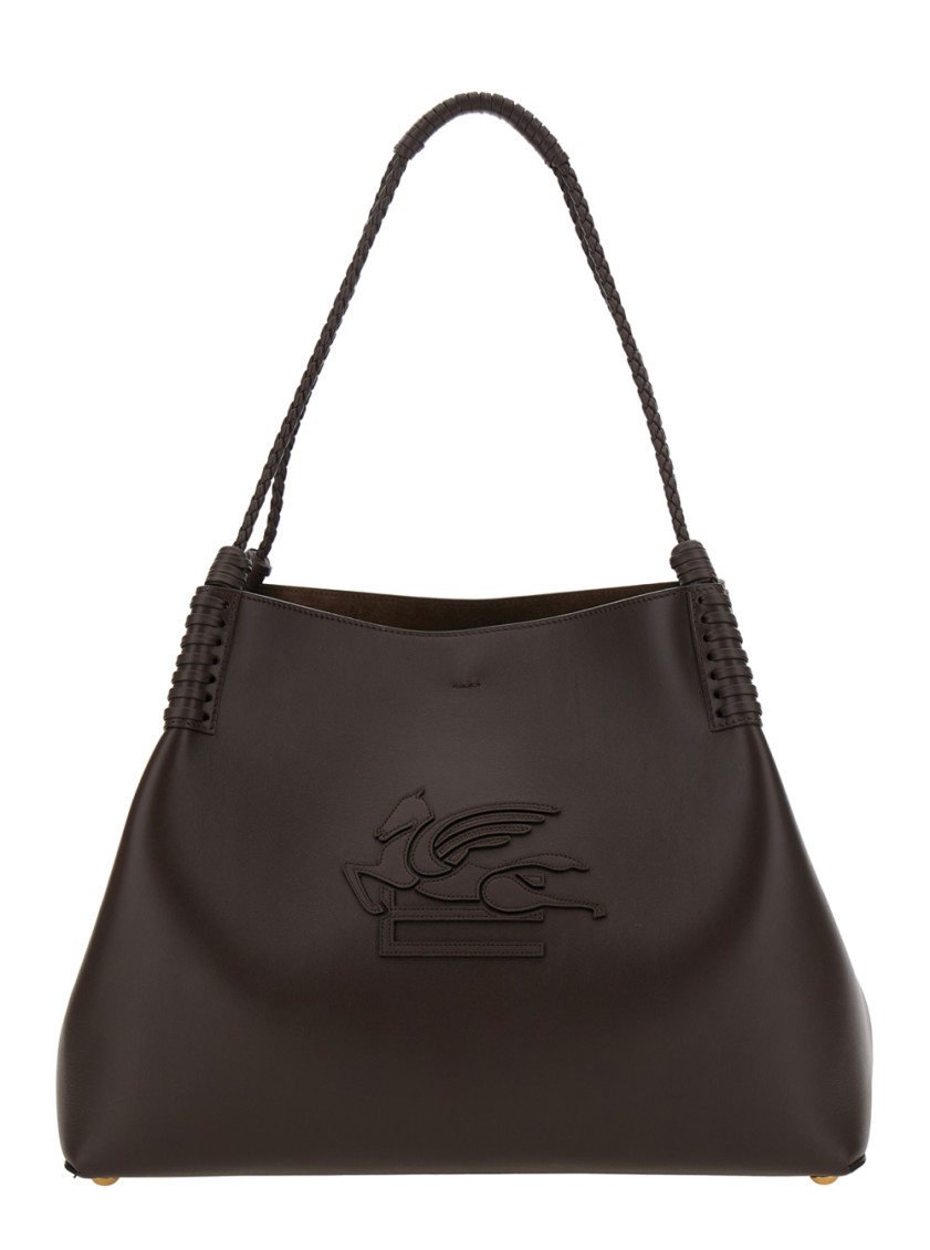 Etro Libra Brown Shoulder Bag With Maxi Logo On The Front In Leather Woman In Brown