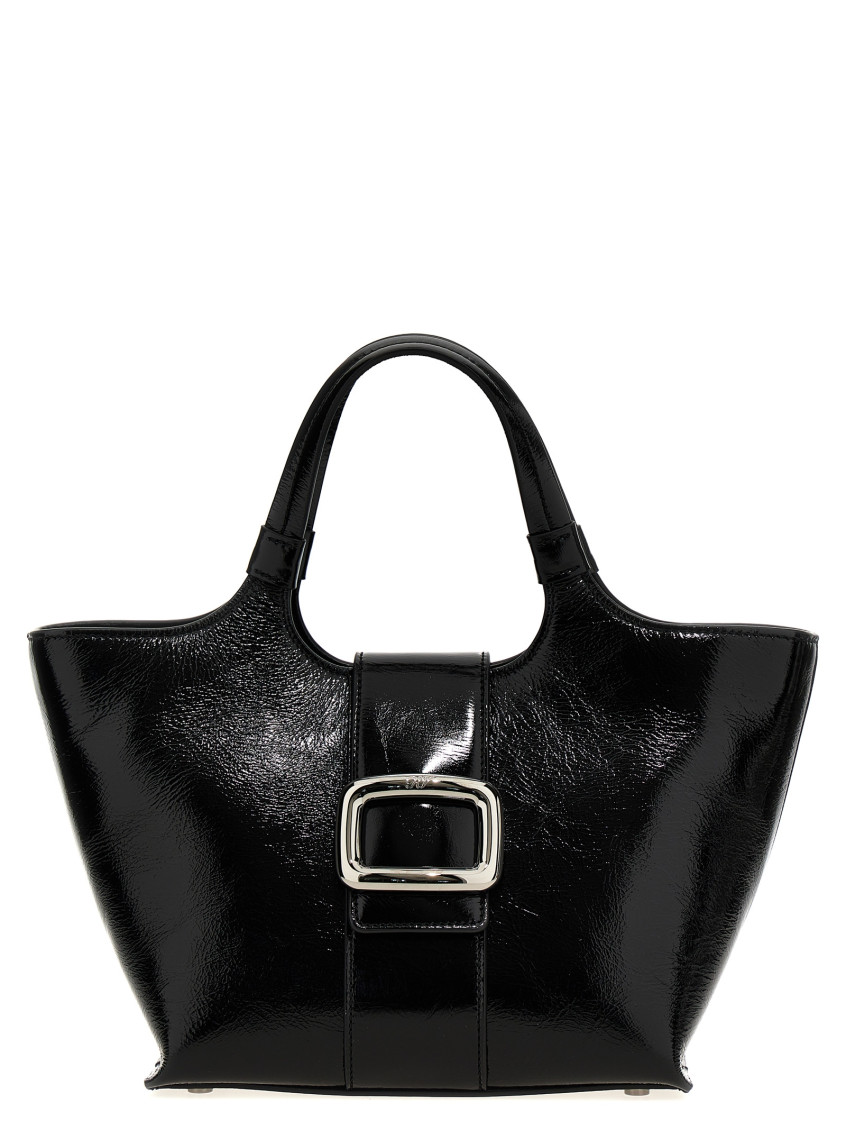 Roger Vivier Grand Choc Mini Crinkled Leather Top-handle Bag In Black