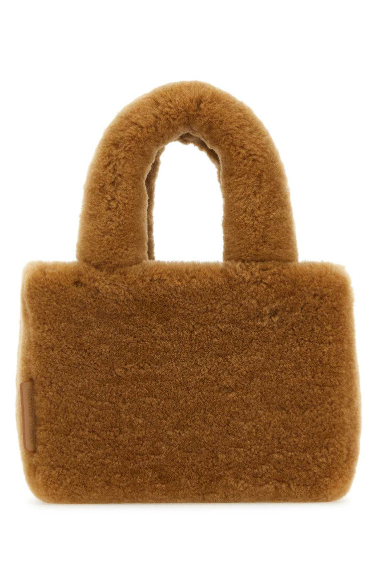 Amina Muaddi Rectangular Shearling Handbag With Top Handle In Light Brown