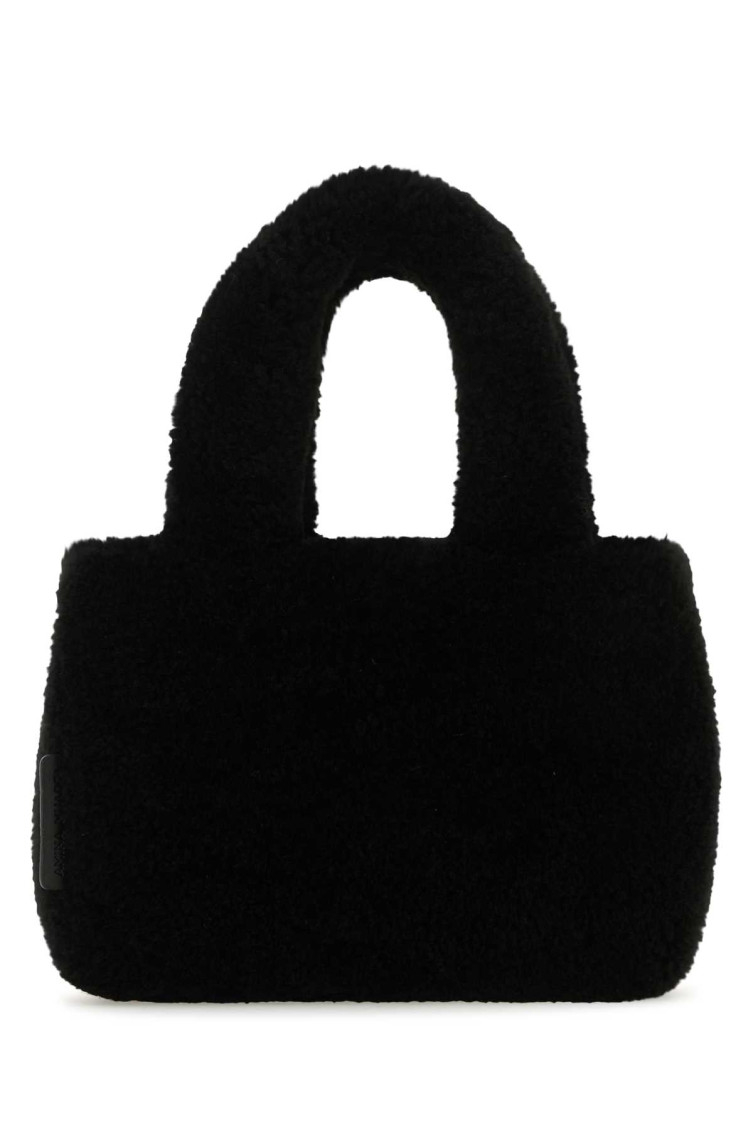 Amina Muaddi Shearling Handbag With Twin Handles And Structured Silhouette In Black