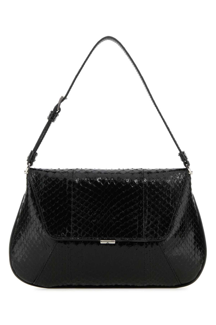 Amina Muaddi Leather Handbag With Curved Base And Reptile Motif Embossing In Black