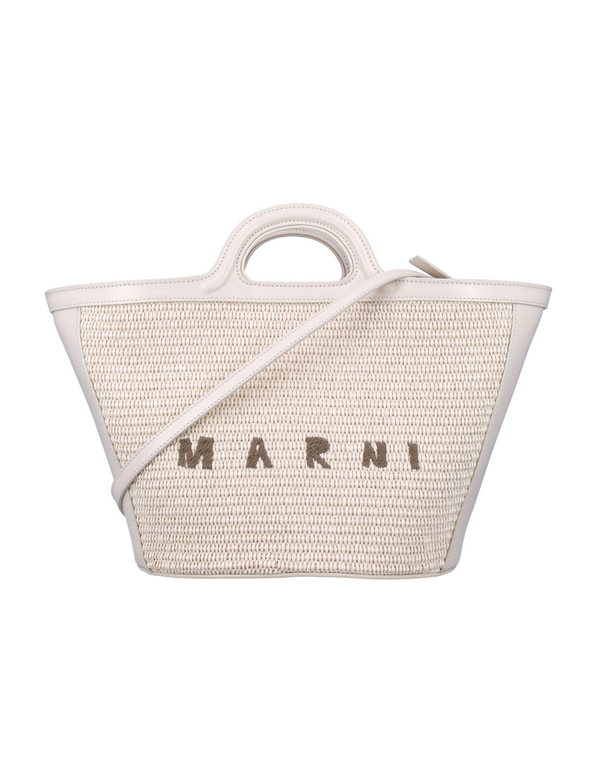 Marni Tropicalia Small Trapezoidal Woven Tote Bag In White