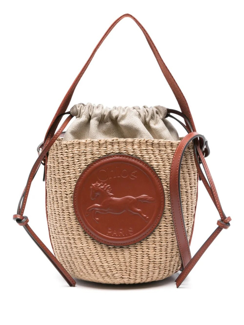 Chloé Horse Medal Basket Leather And Canvas-trimmed Raffia Tote In Natural