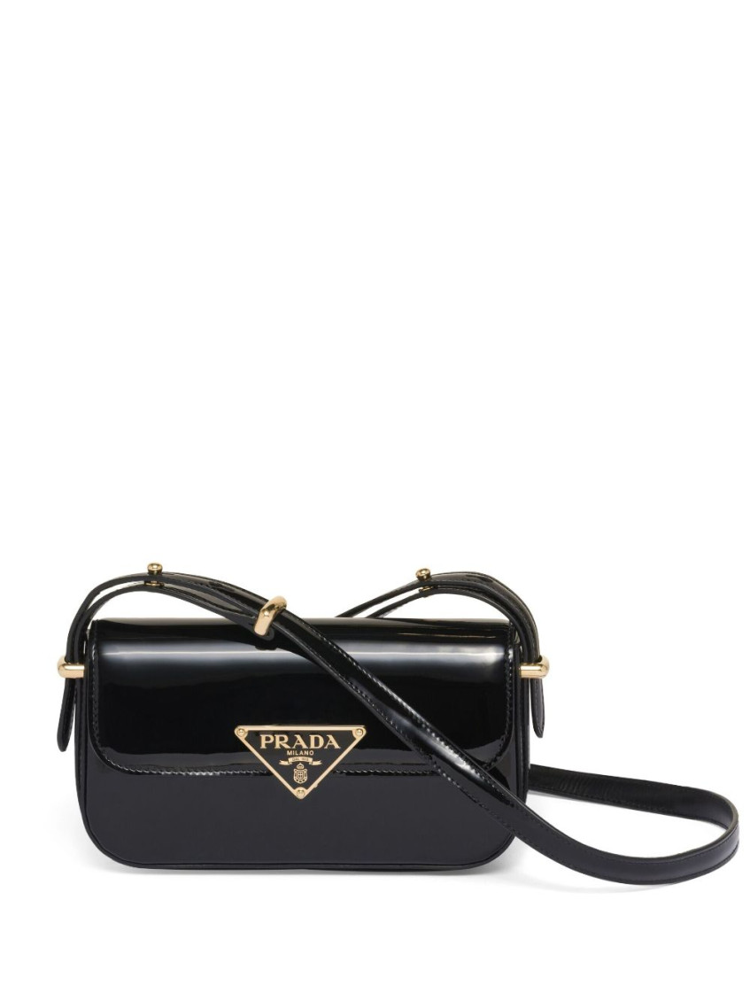 Prada Logo Plaque Patent Leather Shoulder Bag In Black