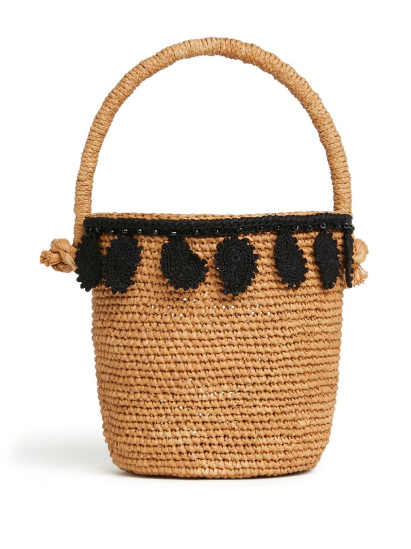 Alanui Paisley Appliqué Raffia Bucket Bag In Beige
