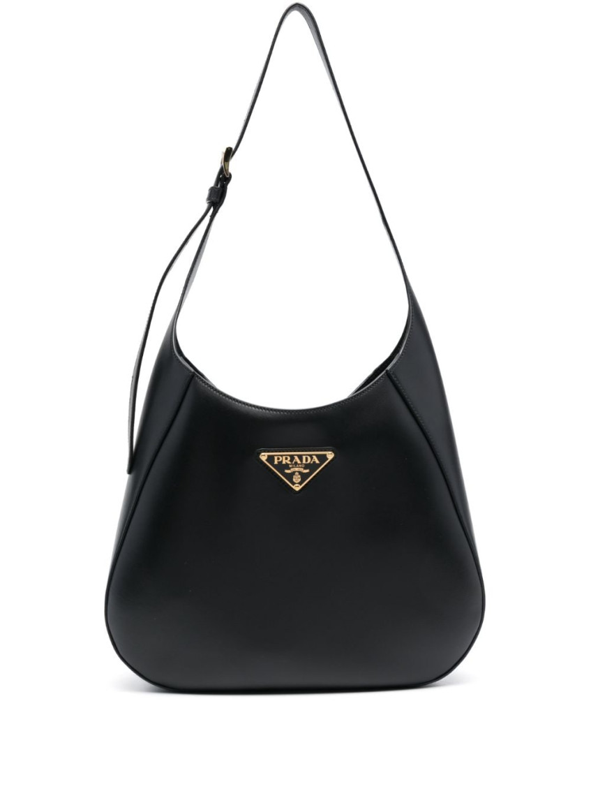 Prada Triangle Logo Leather Shoulder Bag In Black