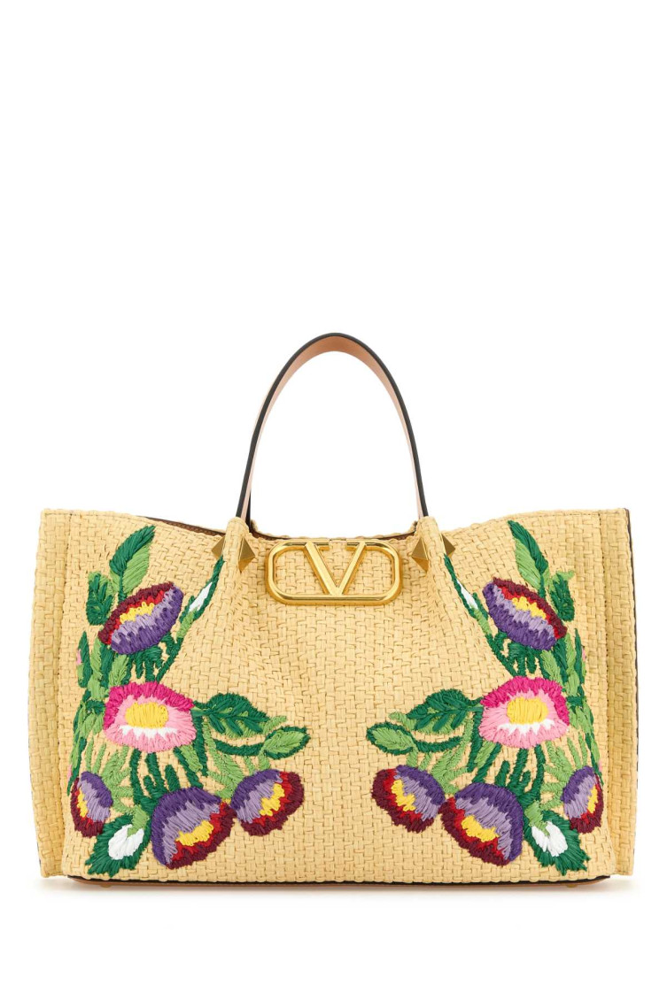 Valentino Raffia Vlogo Signature Shoulder Bag In Nude