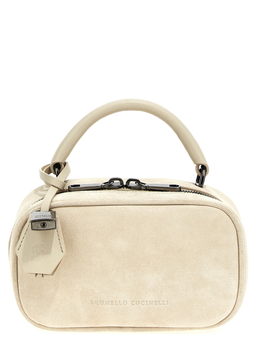 Brunello Cucinelli 'boston Explorer' White Crossbody Bag With Removable Metal Padlock Charm In Beige