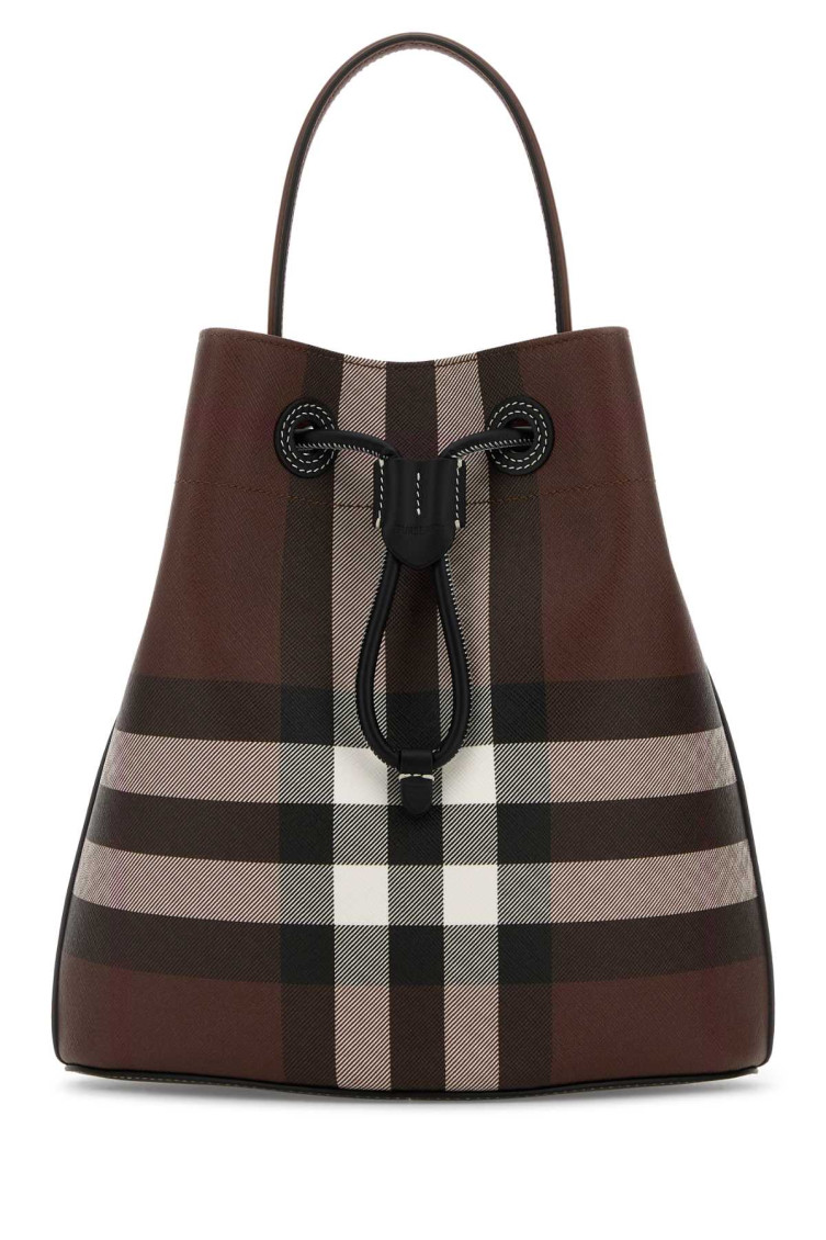 Burberry Checkered Canvas Bucket Bag With Top Handle In Brown