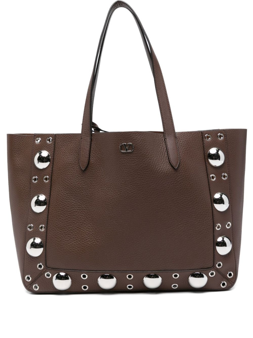 Valentino Medium Leather Tote With Eyelet And Studs In Brown