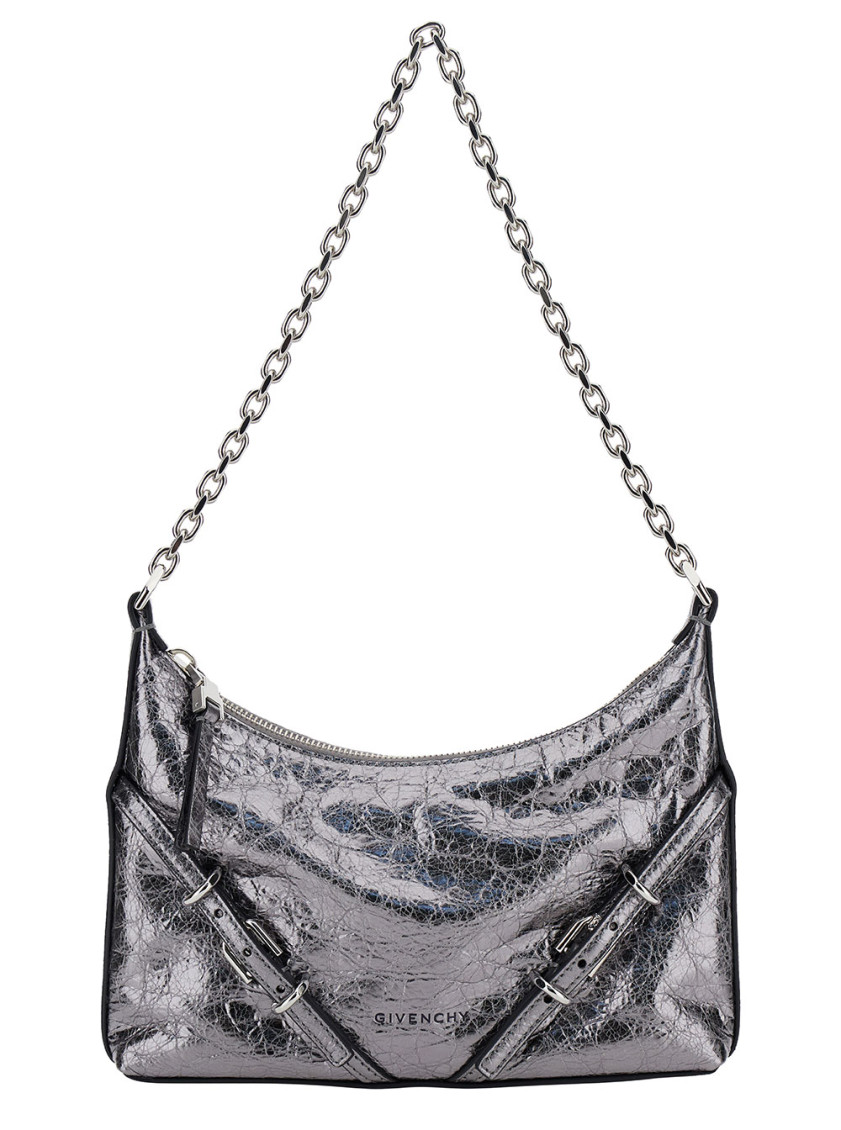 Givenchy 'voyou Party' Mini Silver Shoulder Bag With Engraved Logo In Laminated Leather Woman In Silver