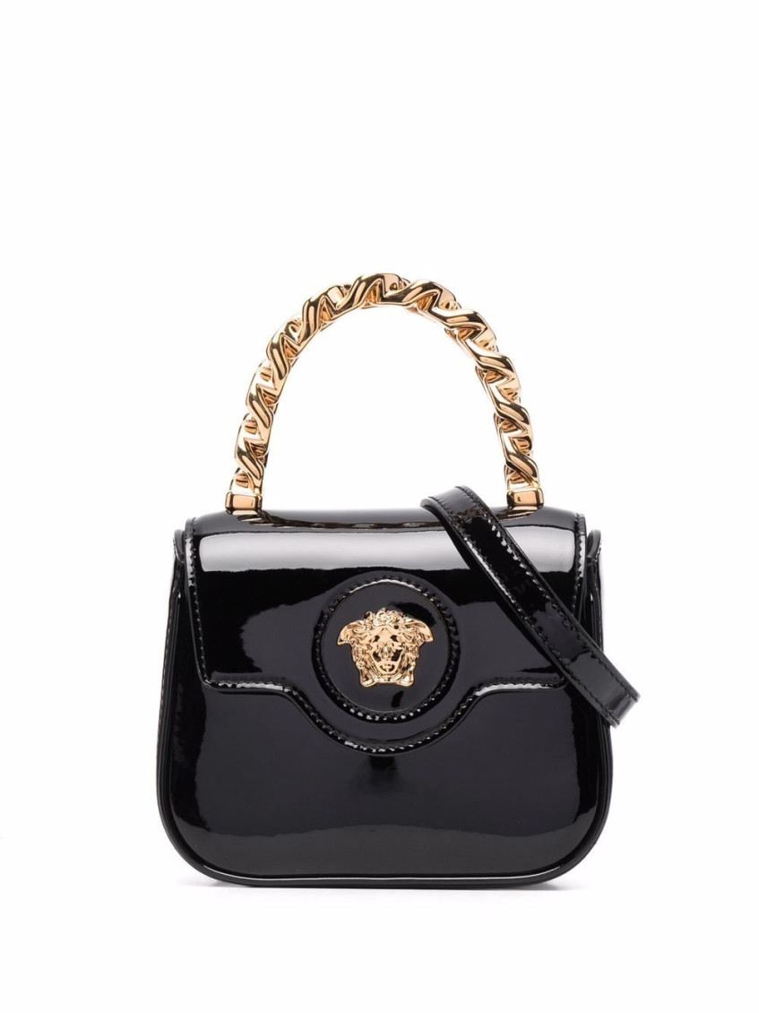 Versace La Medusa Mini Bag In Patent Leather In Black