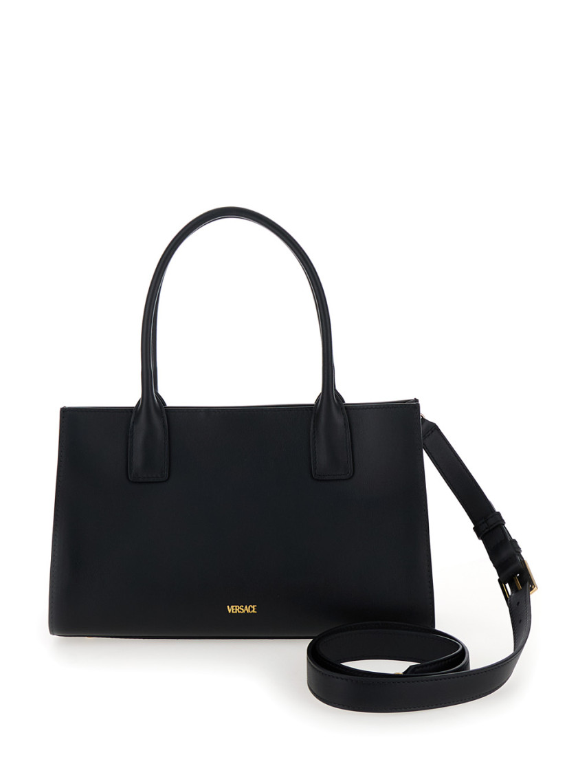 Versace Medusa 95 Black Tote Bag With Logo Detail In Smooth Leather Woman In Black