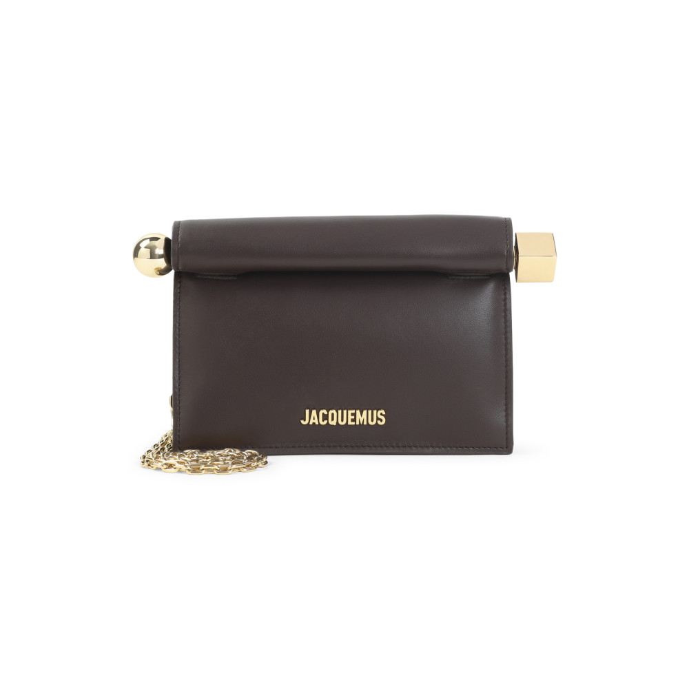 Jacquemus Rectangular Leather Clutch And Chain Strap In Brown