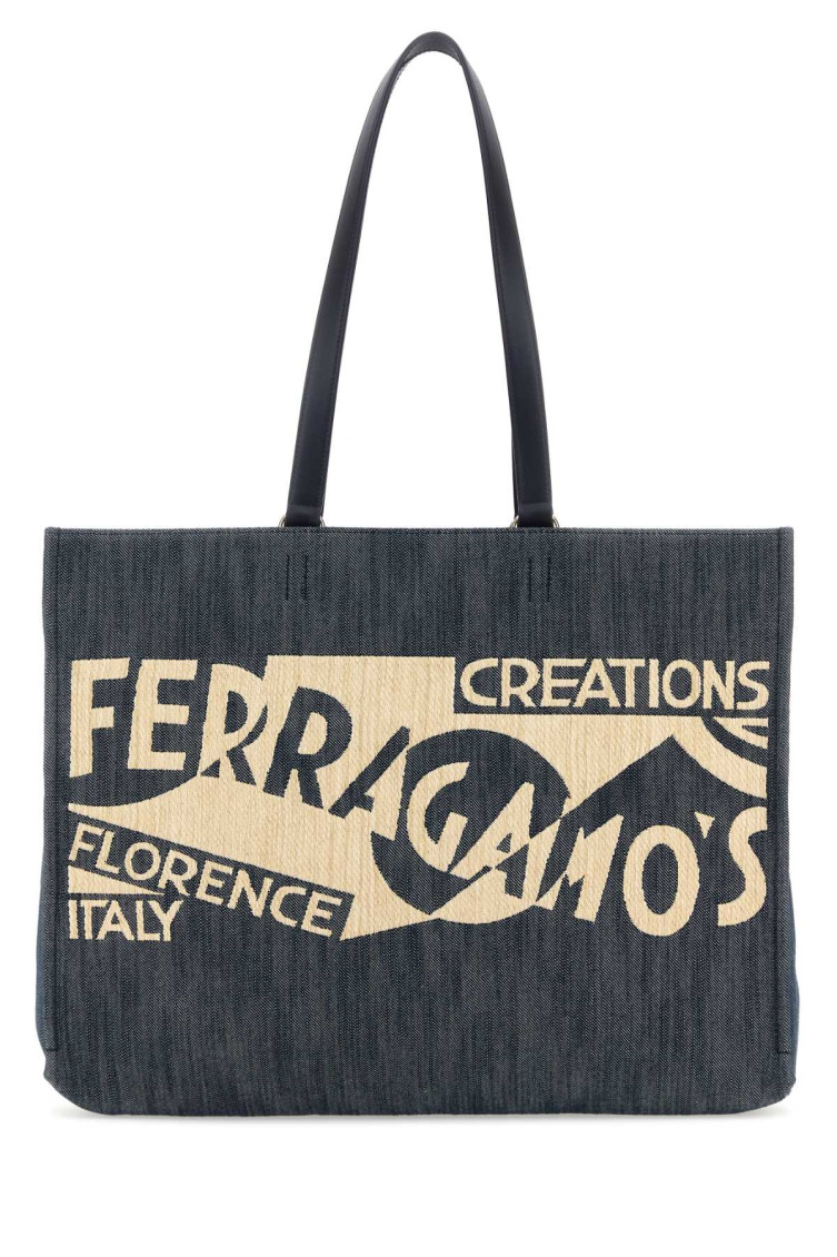 Ferragamo Blue Denim Large Tt Sign Shopping Bag In Denim