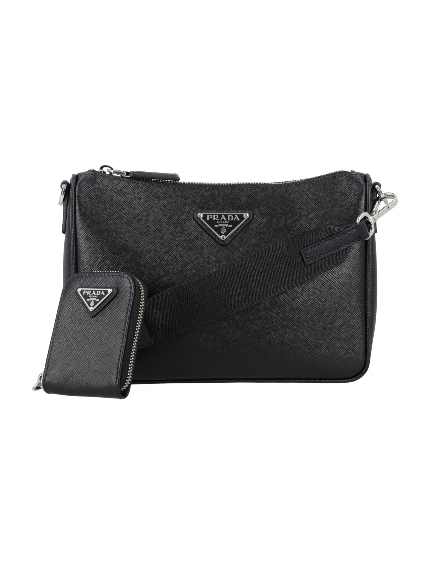 Prada Mens Black Logo-plaque Saffiano-leather Shoulder Bag In Black