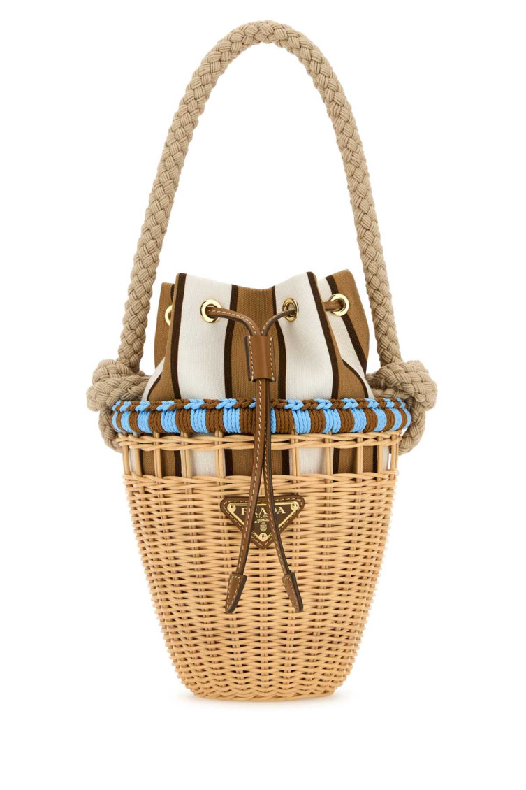 Prada Natural Wicker Mini Bucket Bag In Brown