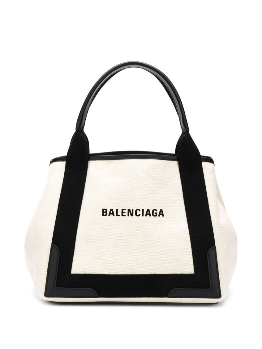 BALENCIAGA WHITE NAVY CABAS ORGANIC COTTON SMALL TOTE BAG