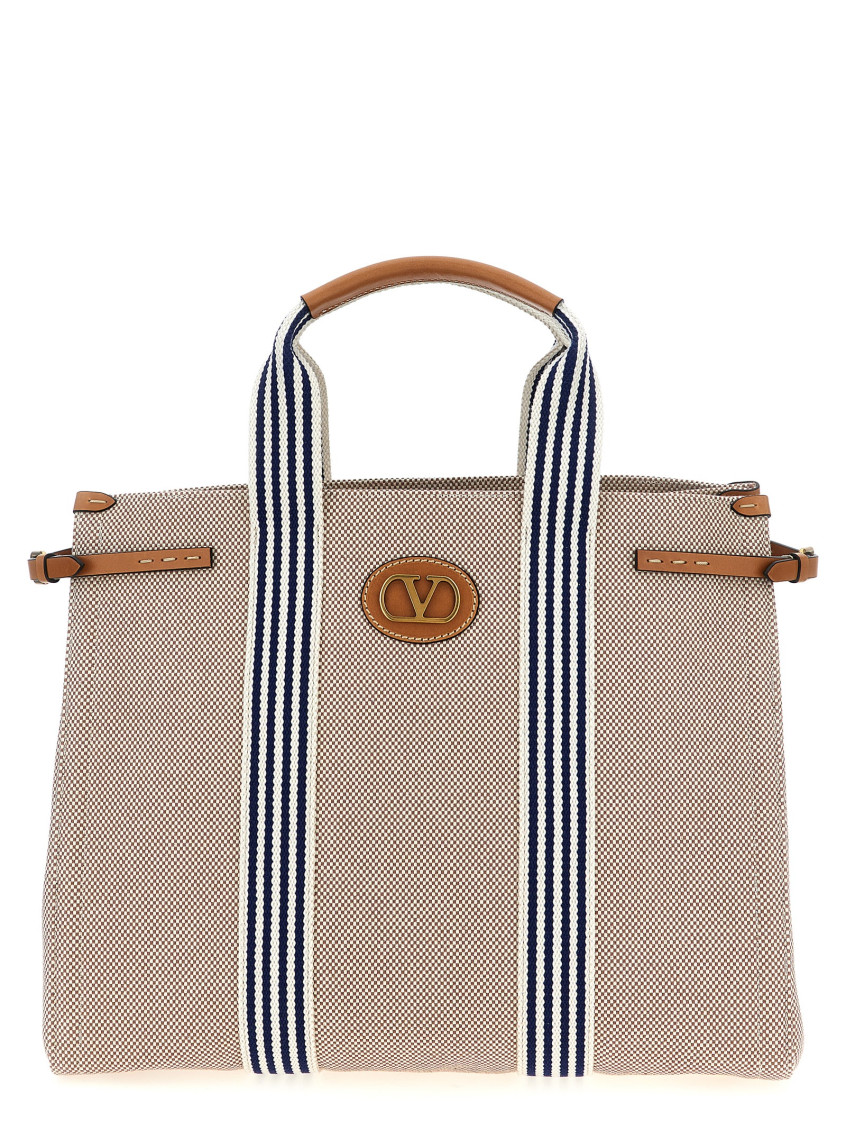 Valentino Antibes Striped Top Handles Handbag In Beige