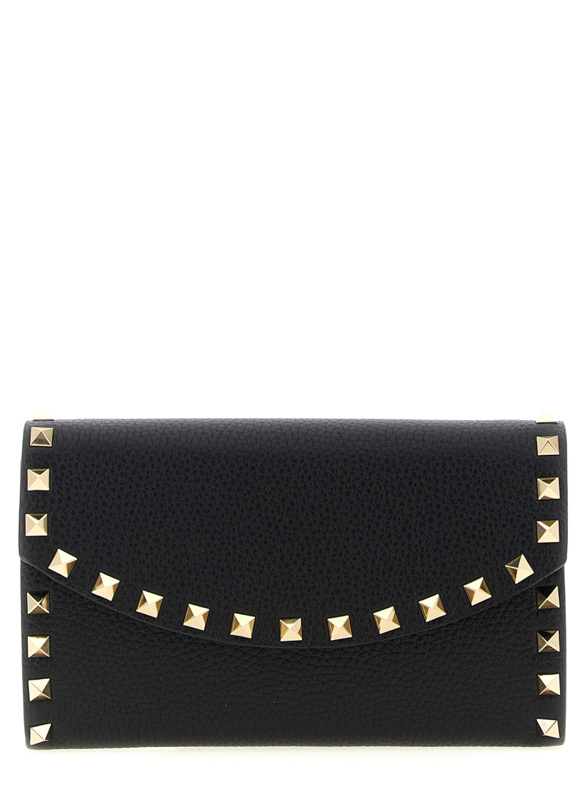Valentino Rockstud Mini Grainy Leather Wallet On Chain In Black