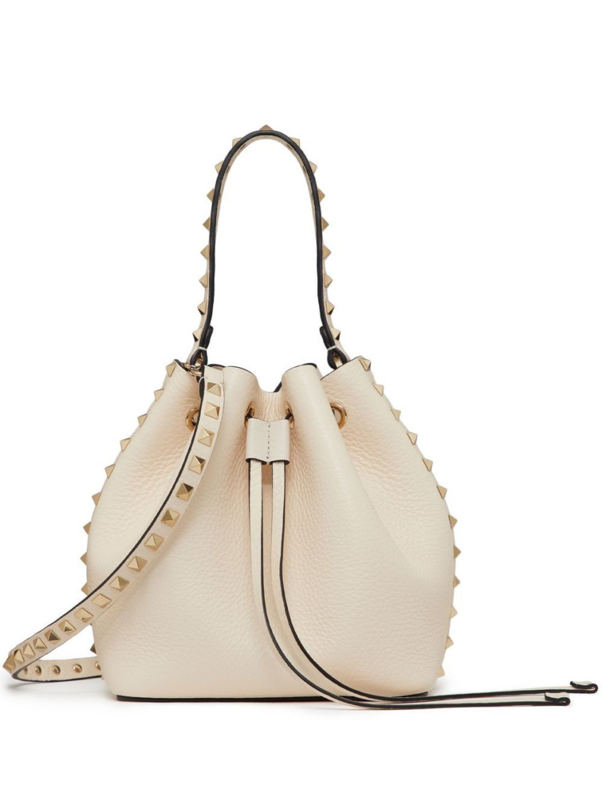 Shop Valentino White Rockstud Drawstring Bucket Bag