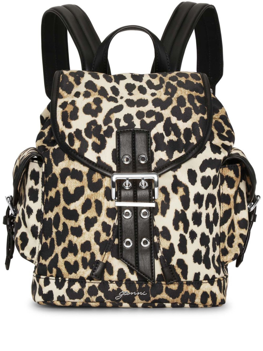 Ganni Magnetic Buckle Backpack Leopard Print