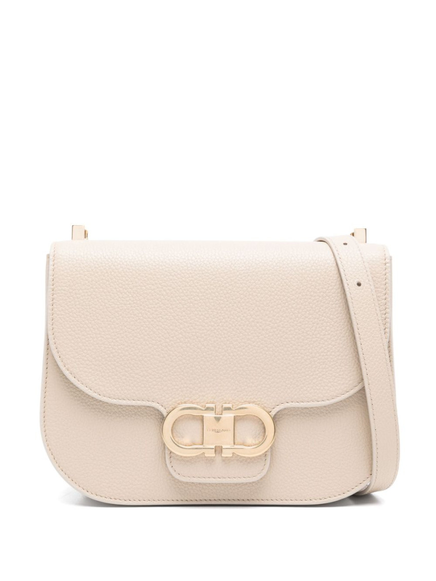 Shop Ferragamo Beige Double Gancini Crossbody Bag