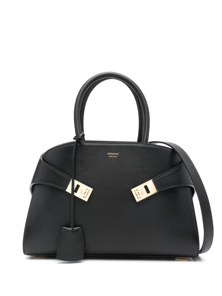 Ferragamo Hug Bicolor Brown Handbag With Logo And Gancini Buckle In Leather Woman In Black