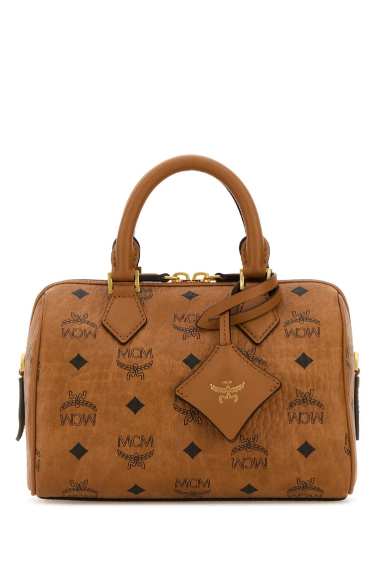Mcm Canvas Printed Handbag With Detachable Tag And Top Handles