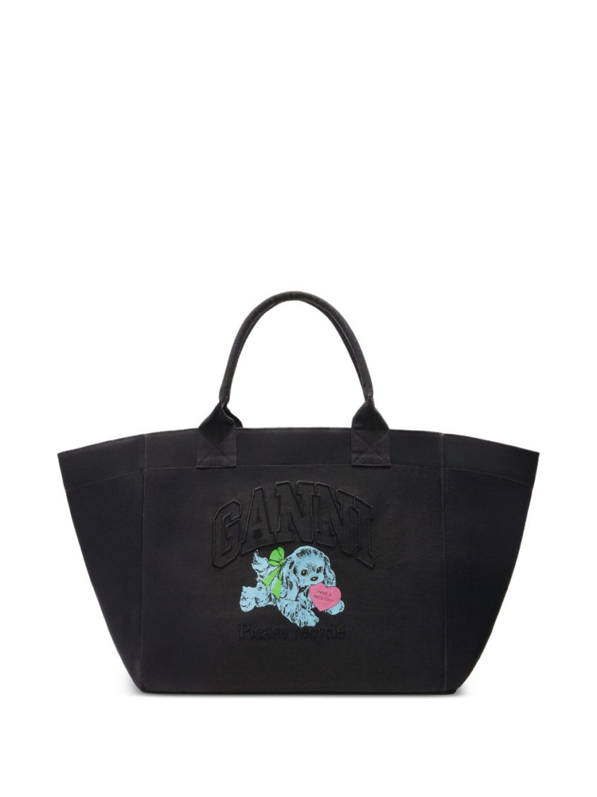 Ganni Xxl Logo-embellished Canvas Tote Bag In Black