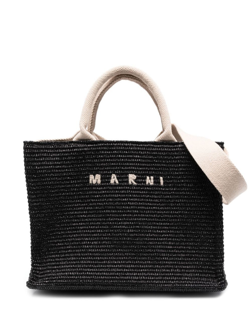 Marni Raffia-effect Small Tote Bag In Black