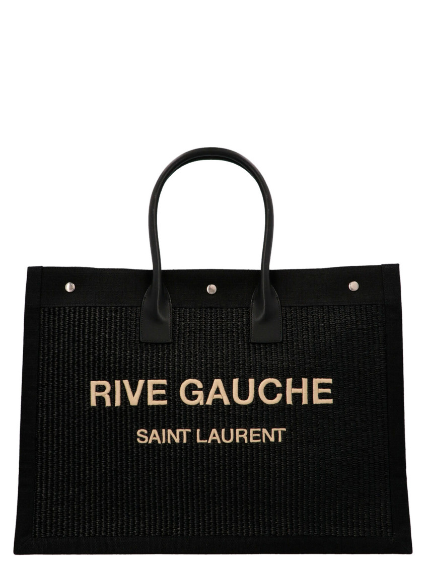 Saint Laurent Black Rafia And Canvas Rive Gauche Shopping Bag In Black