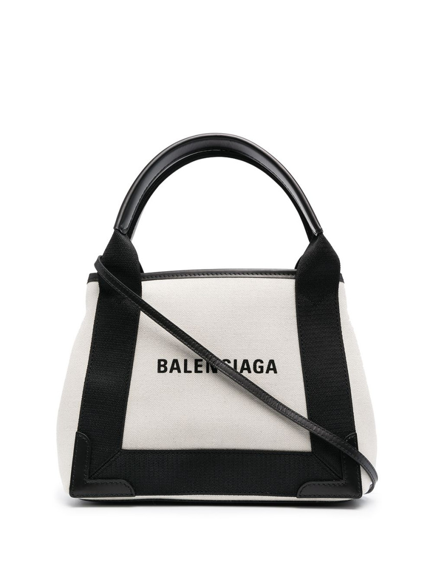 Balenciaga Md Navy Cabas Canvas Tote Bag In White