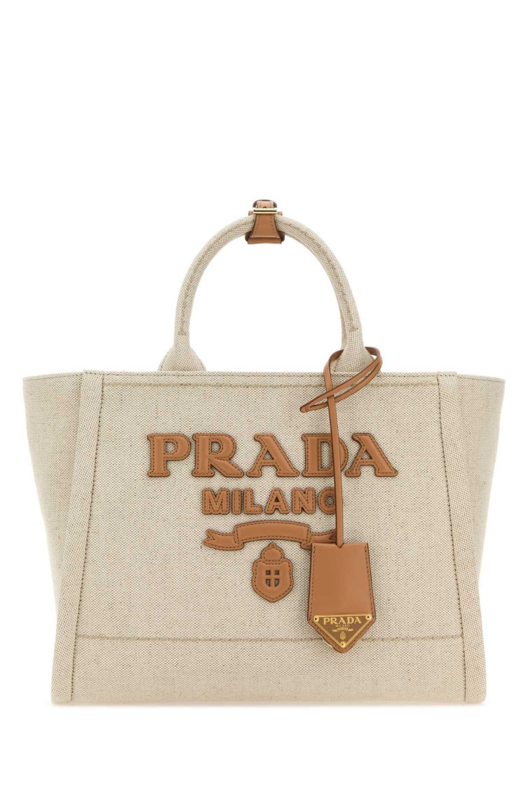 Shop Prada Light Beige Linen Large Tote Bag
