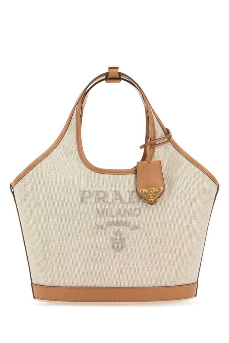 Prada Triangle Shape Canvas Handbag With Leather Trim In Beige