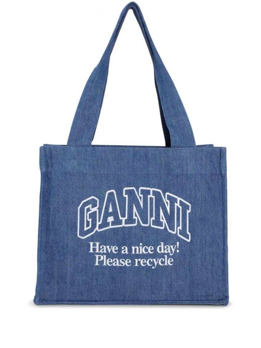 Ganni Logo-embroidered Denim Shoulder Bag In Blue