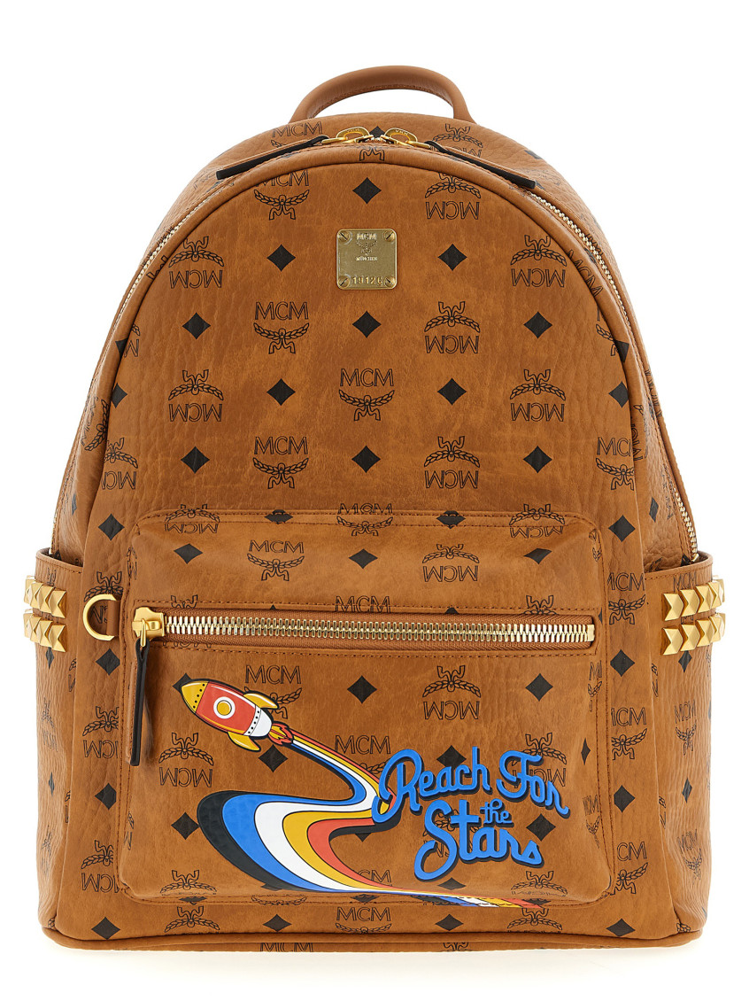 Mcm Small Medium Backpack With Front Pocket And Straps In Brown