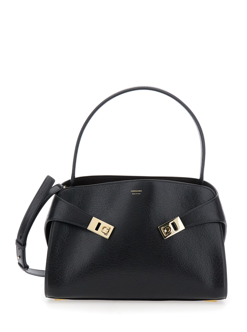 Ferragamo Small Hug Grained Leather Top Handle Bag In Black