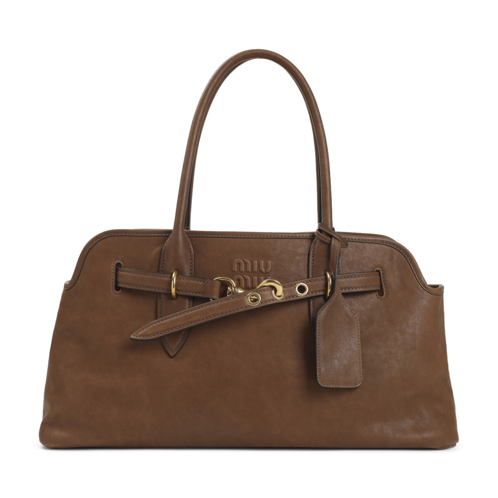 Miu Miu Adventure Leather Shoulder Bag With Lettering Logo In Brown