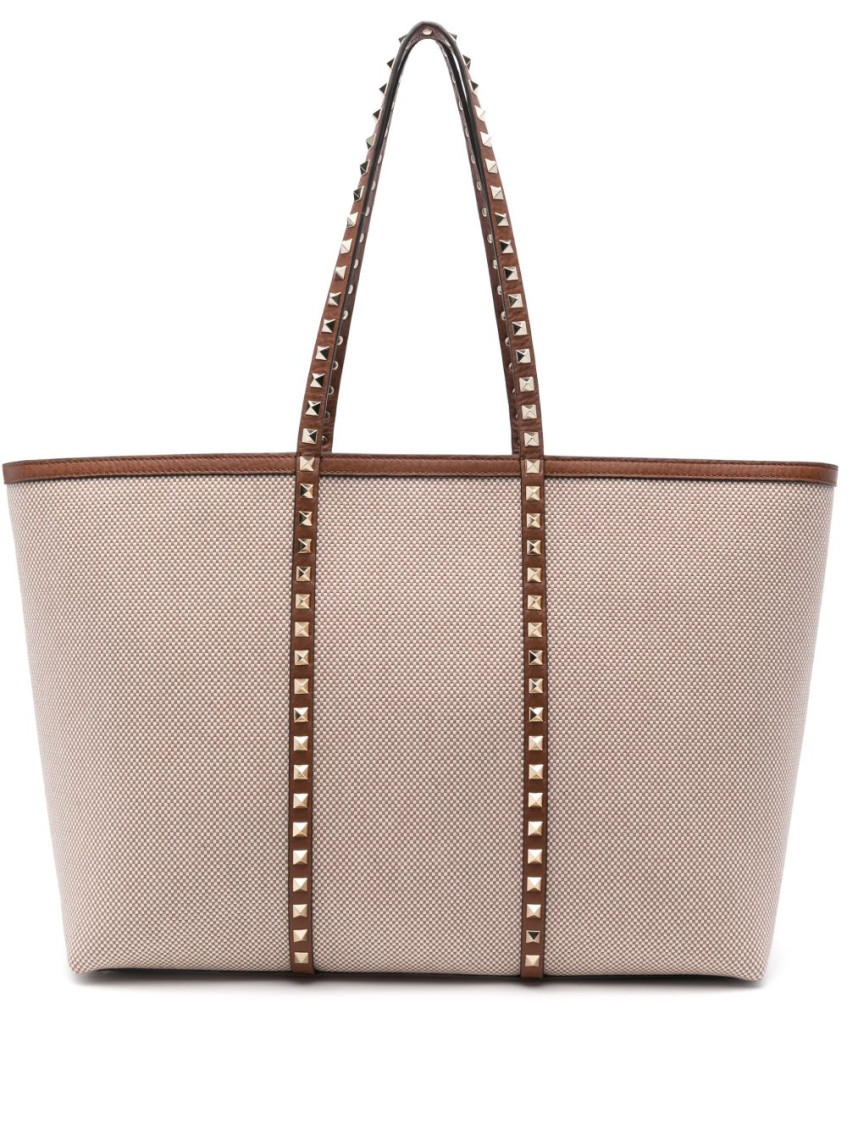 VALENTINO GARAVANI BROWN ROCKSTUD CANVAS MEDIUM TOTE
