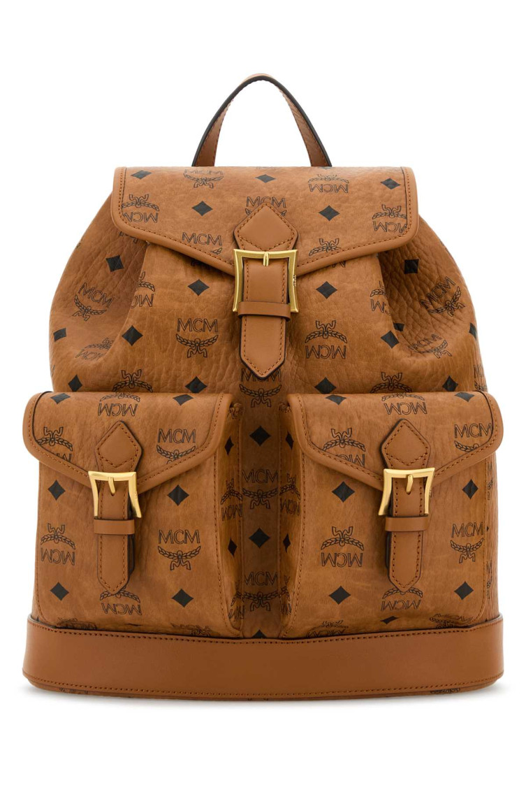 Mcm Canvas Backpack With Leather Trim And Front Pockets
