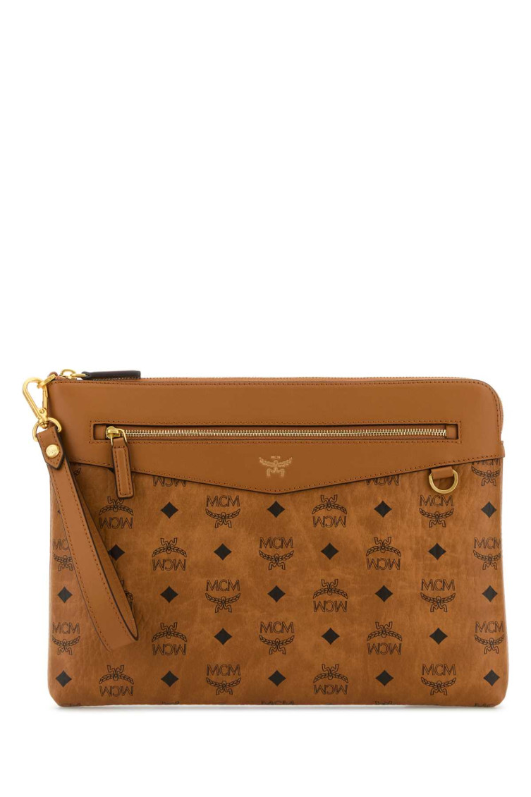 Mcm Canvas Clutch With Wrist Strap And Front Zip Pocket