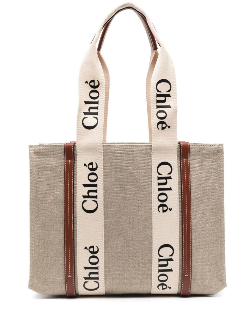 Chloé Neutral Woody Medium Canvas Tote Bag In Neutral
