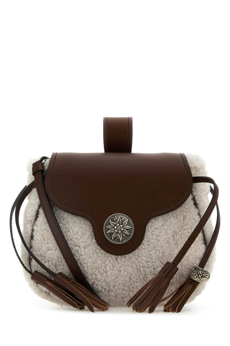 Prada Shearling Crossbody Bag With Tassel And Top Handle In Beige