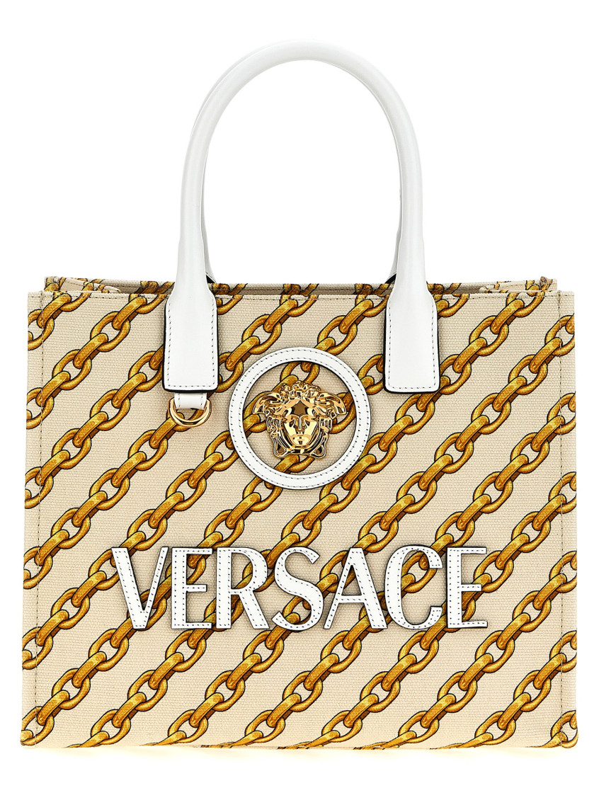 Versace Beige Chain Stripes La Medusa Small Tote In Multi