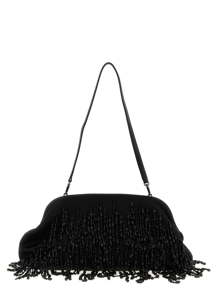 Alberta Ferretti Satin Clutch Adorned With Beaded Embellishments And Shoulder Strap In Black