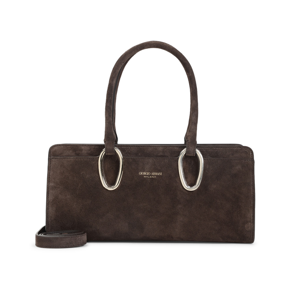 Giorgio Armani Rectangular Suede Shoulder Bag With Metal Hardware In Brown